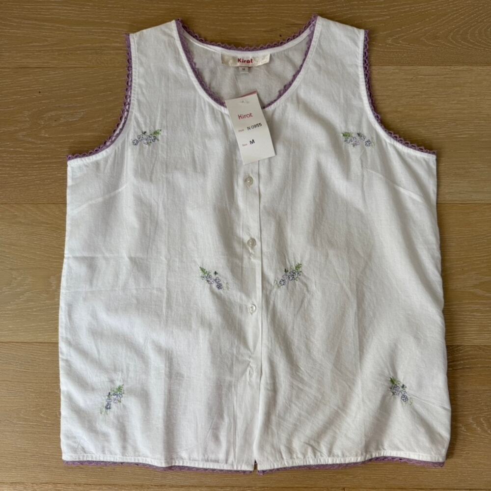 NWT Kirat White Cottagecore Coquette Tank Top Purple Crochet Trim
